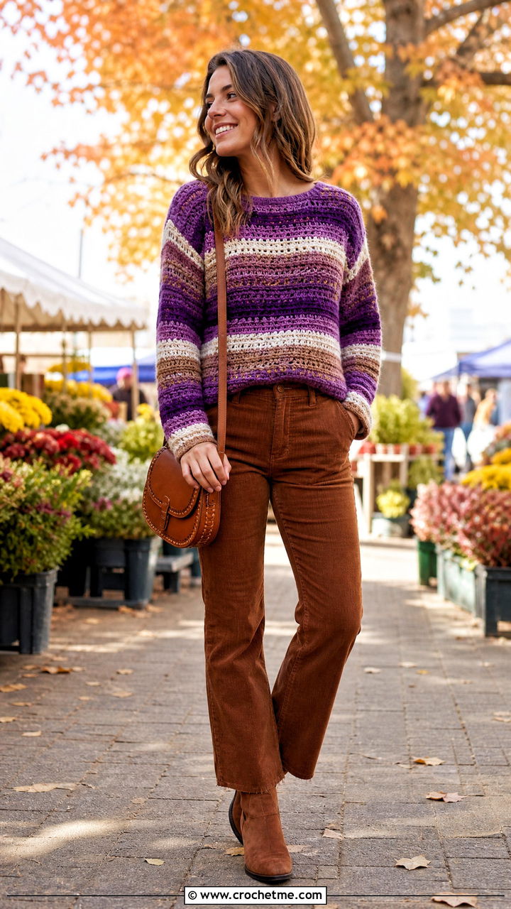 Striped Crochet Sweater With Corduroy Pants - 35 fall crochet sweater outfit ideas