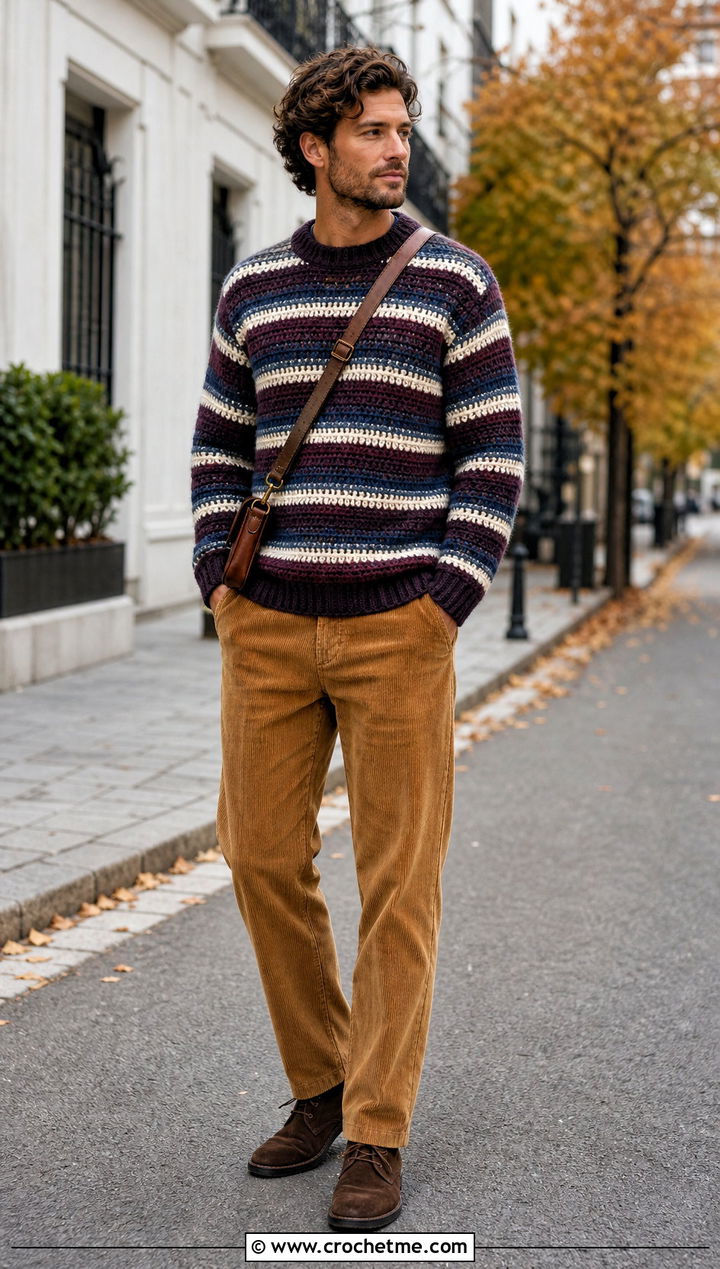 Striped Crochet Sweater With Corduroy Pants - 30 crochet sweater for man outfit ideas
