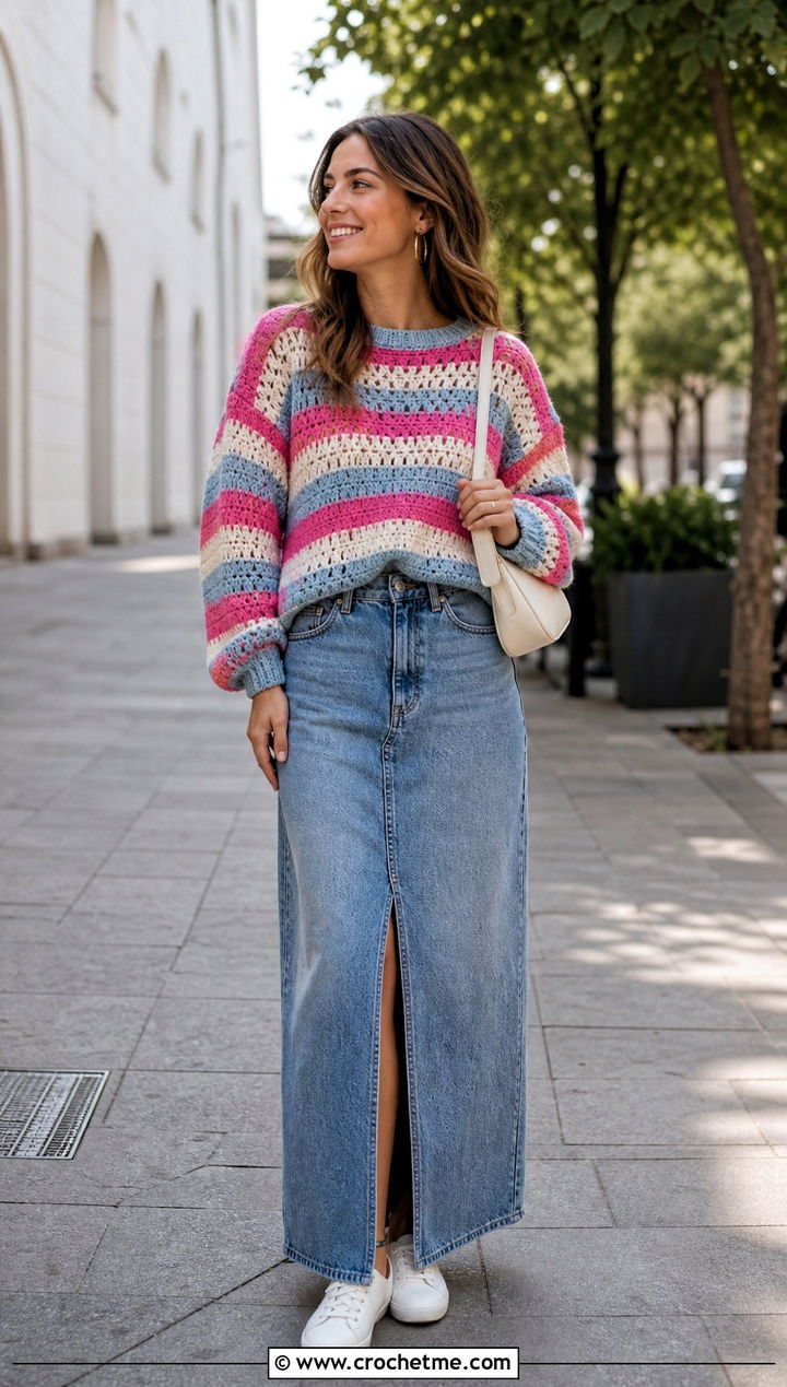 Striped Crochet Sweater With Denim Maxi Skirt - 25 Boho Crochet Sweater outfit ideas
