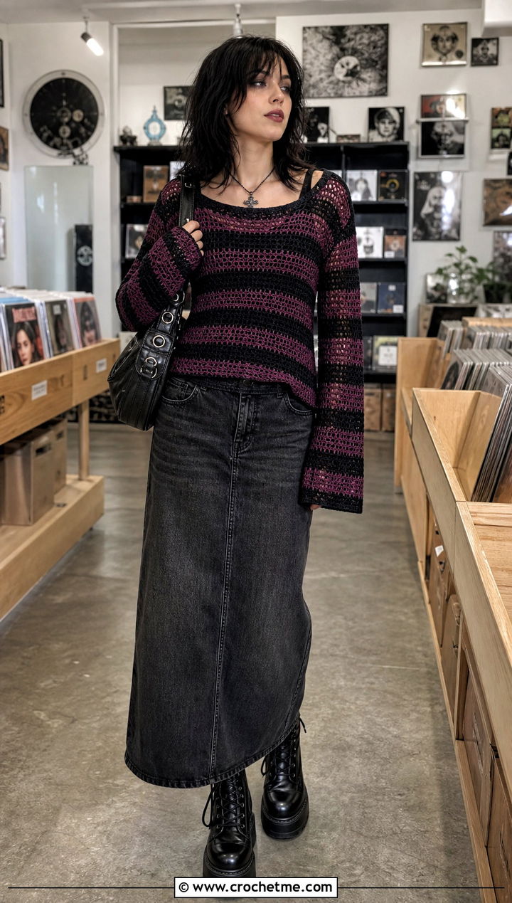 Striped Crochet Sweater With Denim Maxi Skirt - 25 gothic crochet clothes and outfit ideas