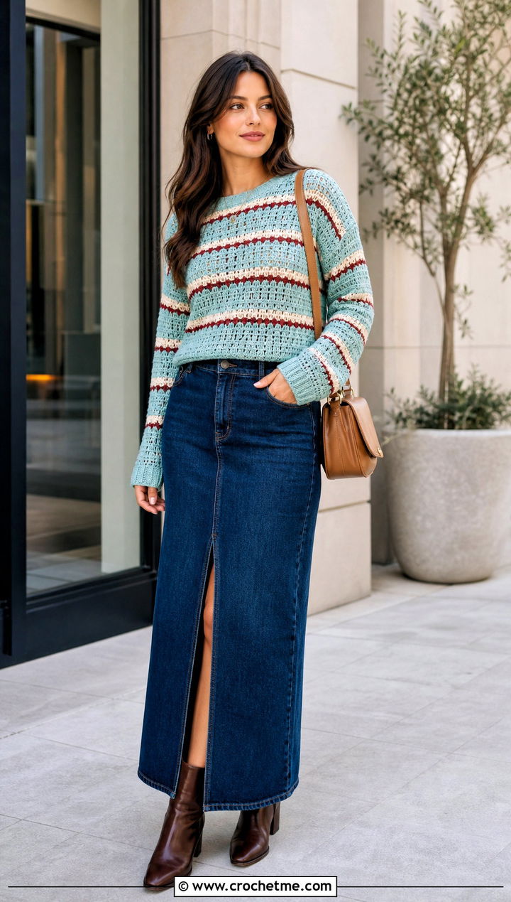 Striped Crochet Sweater With Denim Maxi Skirt - 25 Valentines Day Crochet Sweater outfit ideas