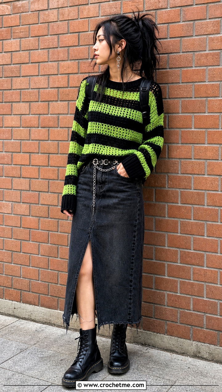 Striped Crochet Sweater With Denim Maxi Skirt - 25 alt crochet sweater outfit ideas