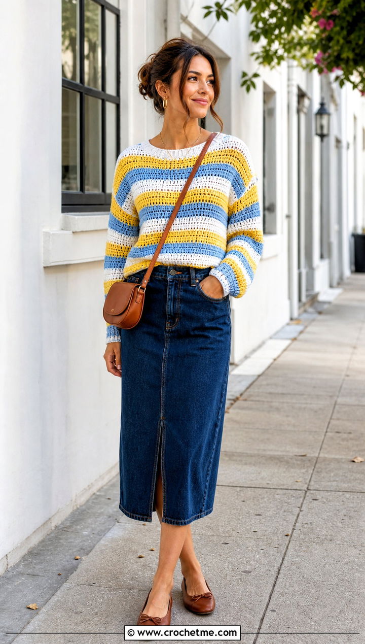 Striped Crochet Sweater With Denim Midi Skirt - 30 crochet sweater inspiration outfit ideas