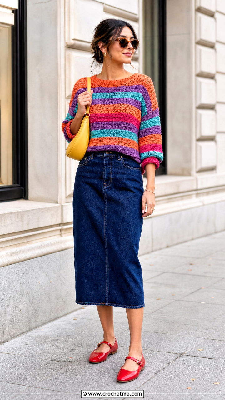 Striped Crochet Sweater With Denim Midi Skirt - 35 crochet sweater design outfit ideas