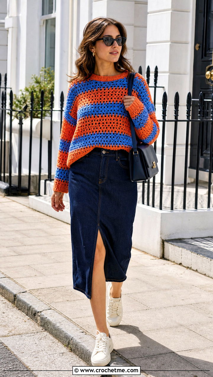 Striped Crochet Sweater With Denim Midi Skirt - 35 crochet sweater for women outfit ideas