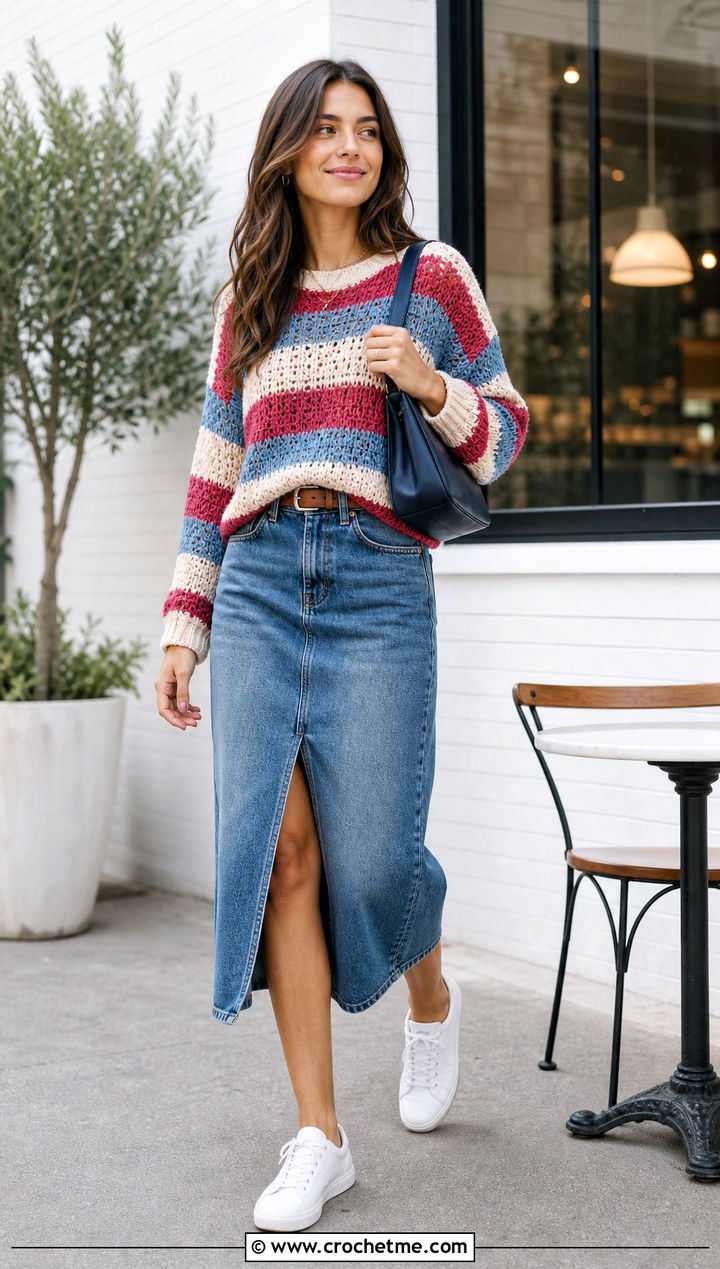 Striped Crochet Sweater With Denim Midi Skirt - 25 Woman Crochet Sweater outfit ideas