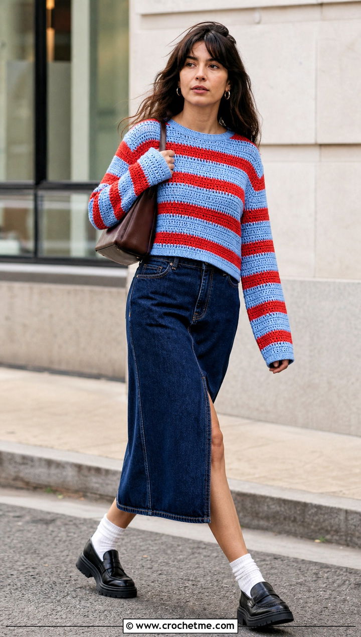 Striped Crochet Sweater With Denim Midi Skirt - 15 Crochet Projects Sweaters outfit ideas