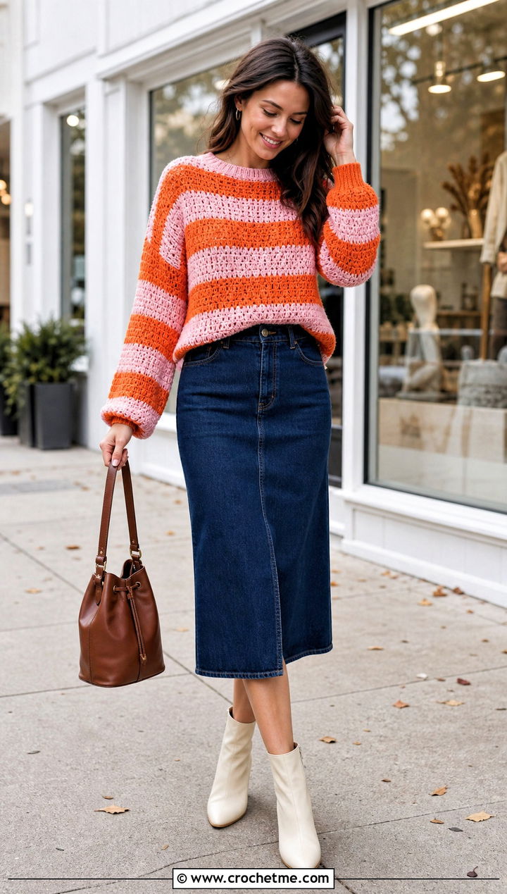Striped Crochet Sweater With Denim Midi Skirt - 20 Comfy Crochet Sweater outfit ideas
