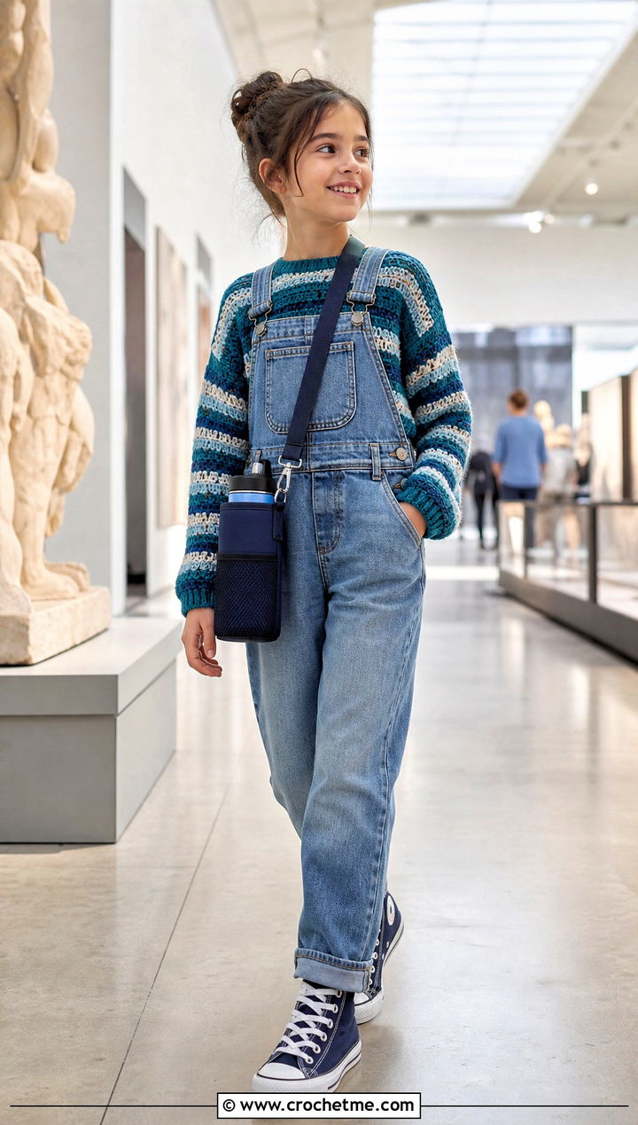 Striped Crochet Sweater With Denim Overalls - 15 Crochet Childs Sweater outfit ideas