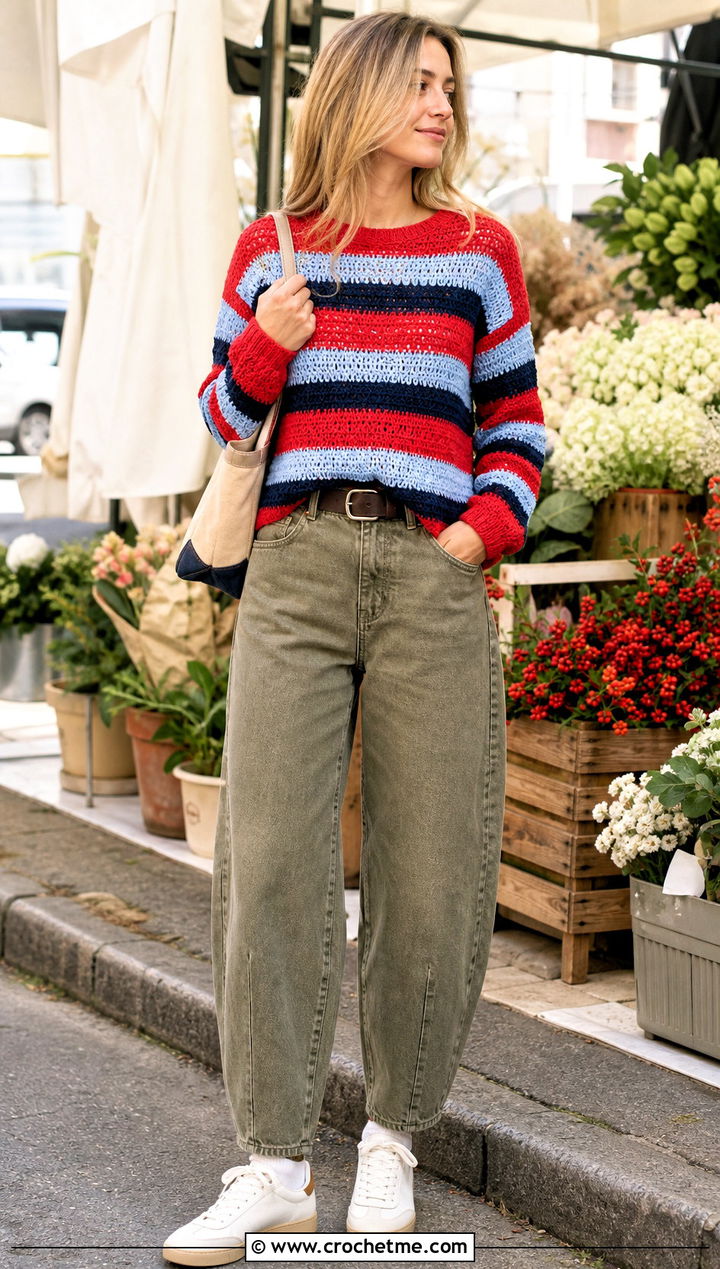 Striped Crochet Sweater With Khaki Jeans - 15 adult crochet sweater outfit ideas