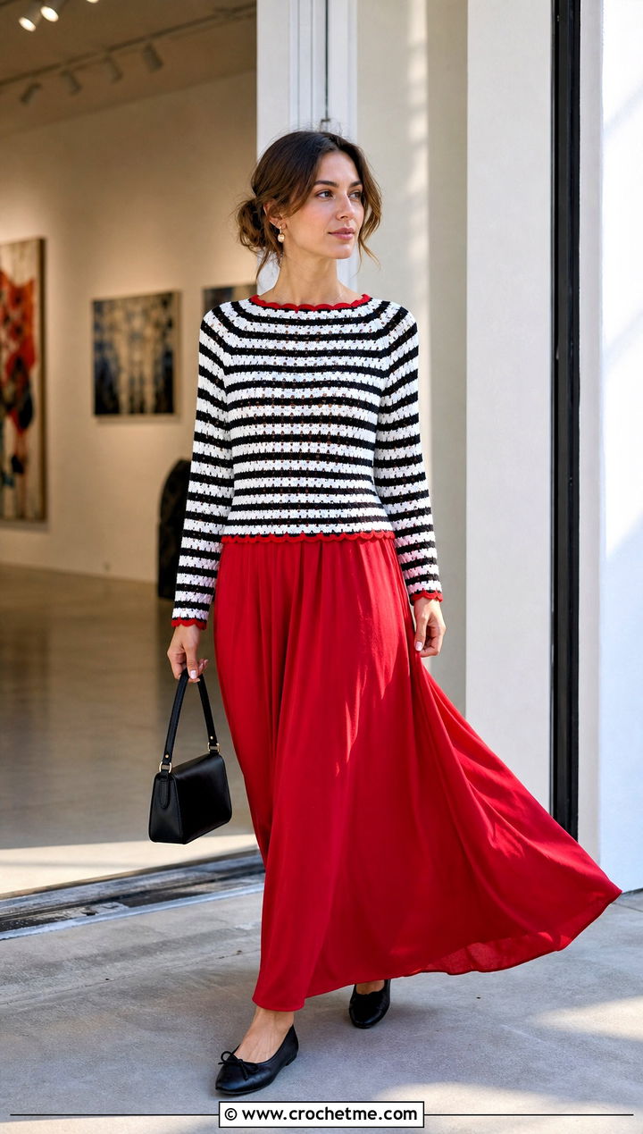 Striped Crochet Sweater With Red Maxi Skirt - 35 black and white crochet sweater outfit ideas