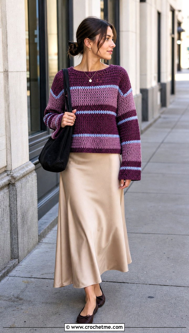 Striped Crochet Sweater With Slip Skirt - 25 crochet sweater and skirt outfit ideas