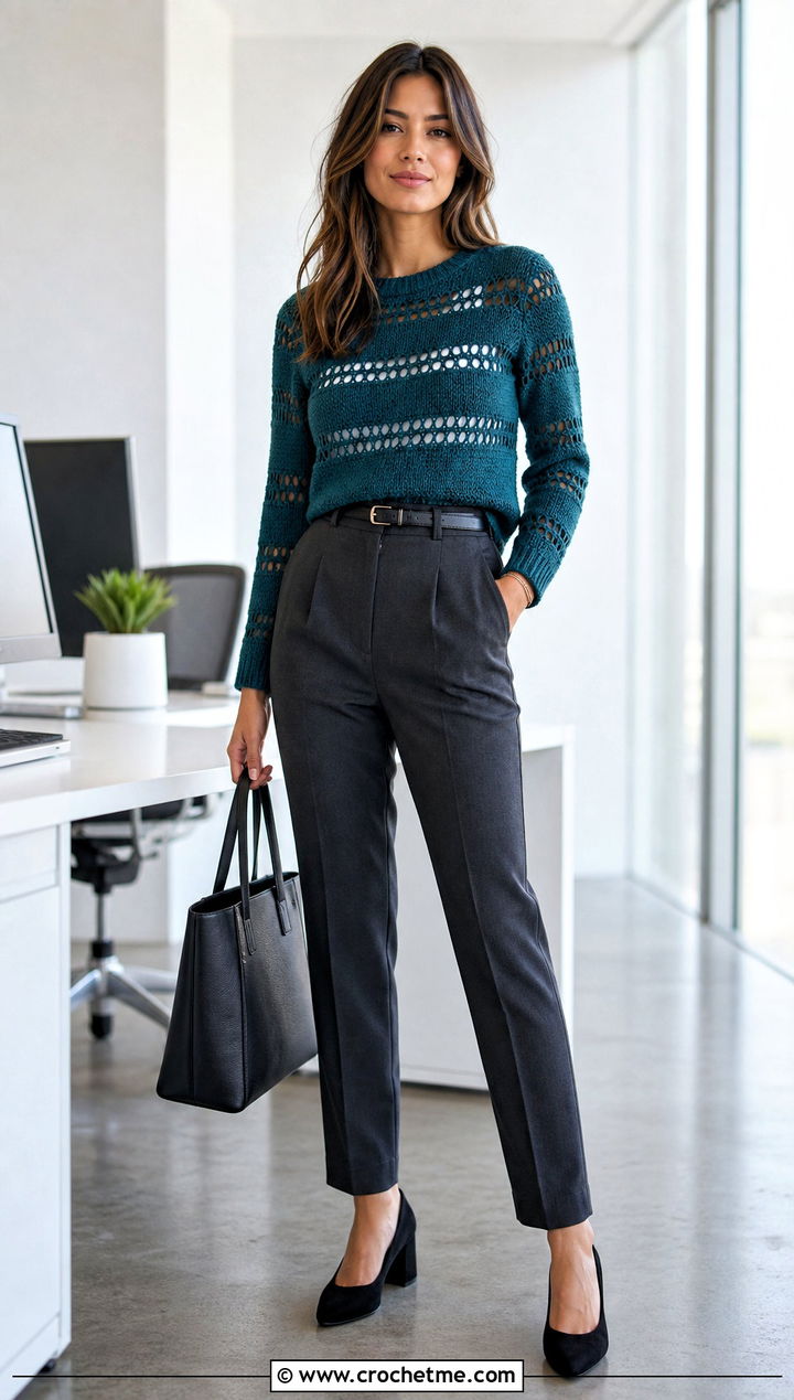 Striped Crochet Sweater With Tailored Trousers - 25 Patterned Crochet Sweater outfit ideas