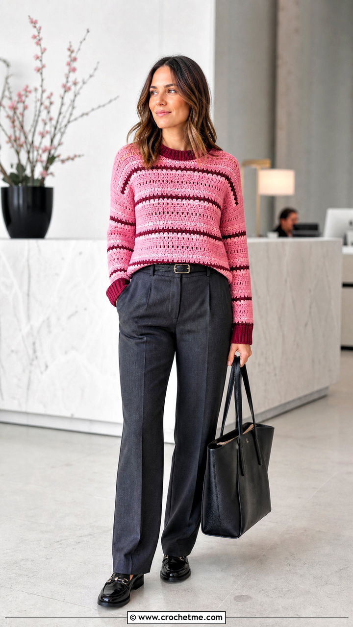 Striped Crochet Sweater With Tailored Trousers - 35 crochet sweater ideas