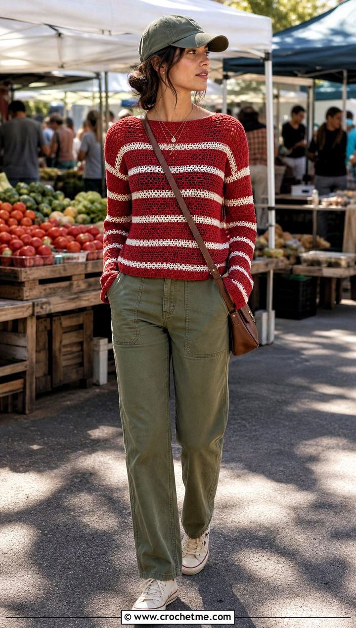 Striped Crochet Sweater With Utility Pants - 20 Crochet Lightweight Sweater outfit ideas