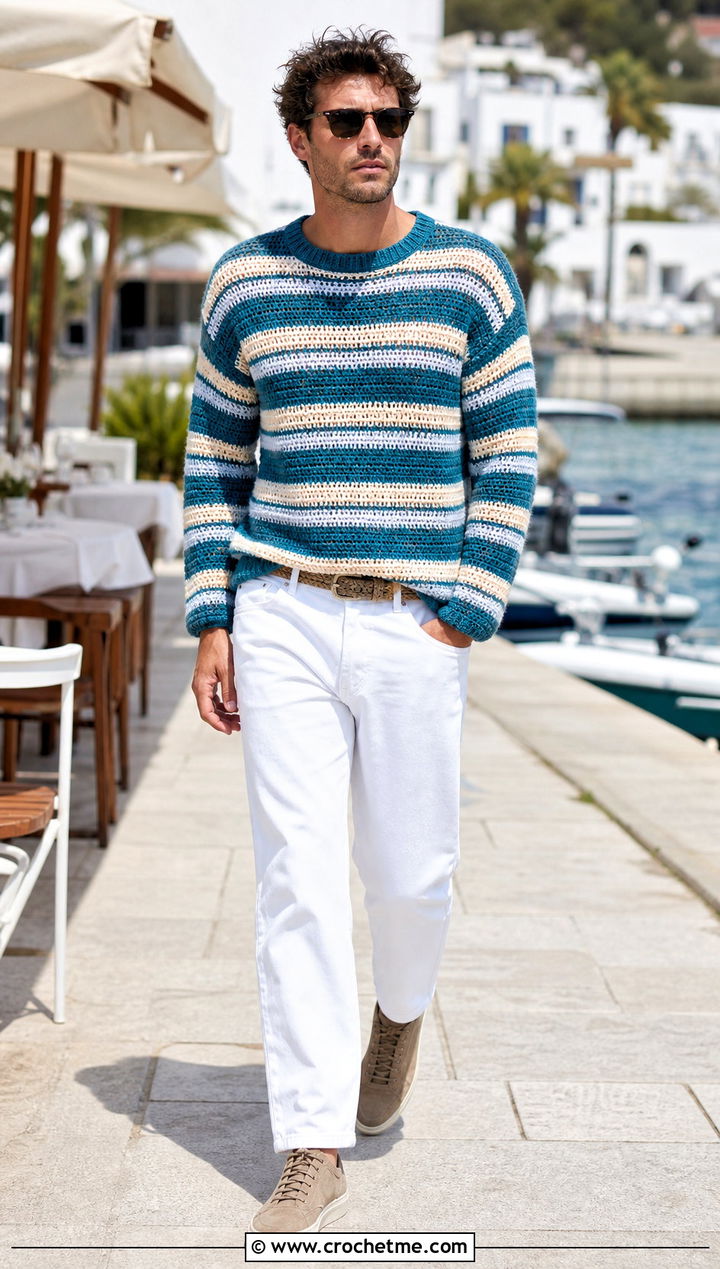 Striped Crochet Sweater With White Denim - 25 man crochet sweater outfit ideas