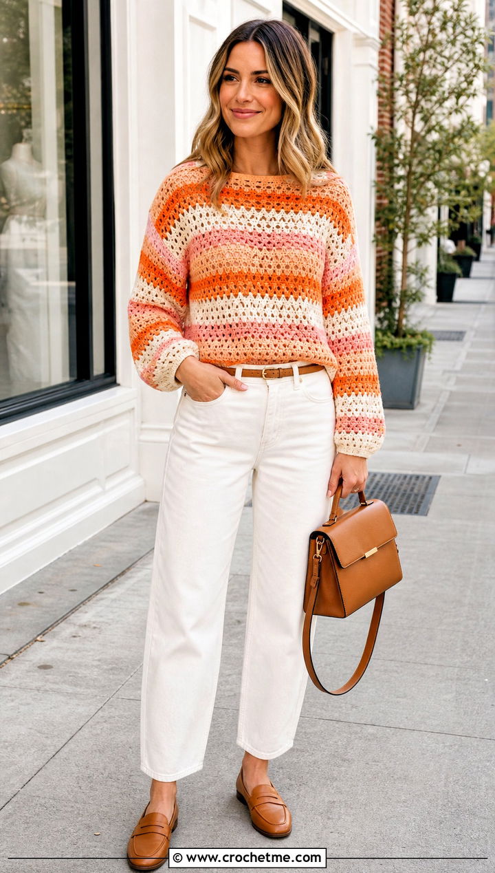 Striped Crochet Sweater With White Denim - 15 Modern Crochet Sweater outfit ideas