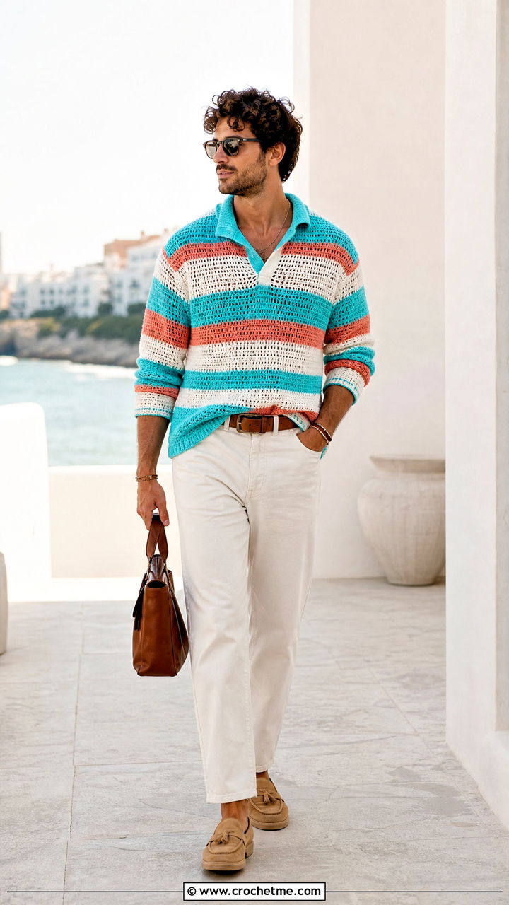 Striped Crochet Sweater With White Jeans - 35 crochet outfits for men outfit ideas
