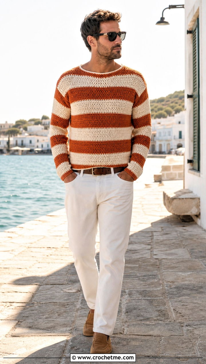 Striped Crochet Sweater With White Jeans - 25 Mens Crochet Sweaters outfit ideas