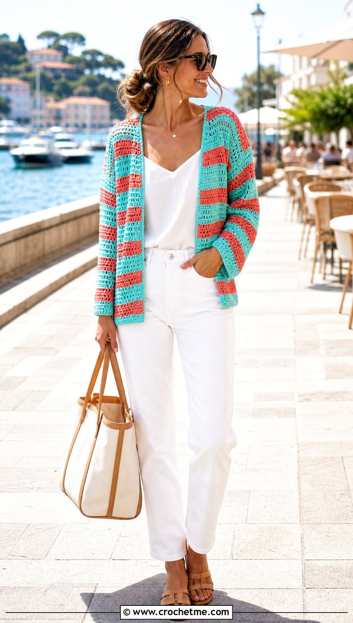 Striped Crochet Sweater With White Jeans - 15 Open Knit Crochet Sweater outfit ideas