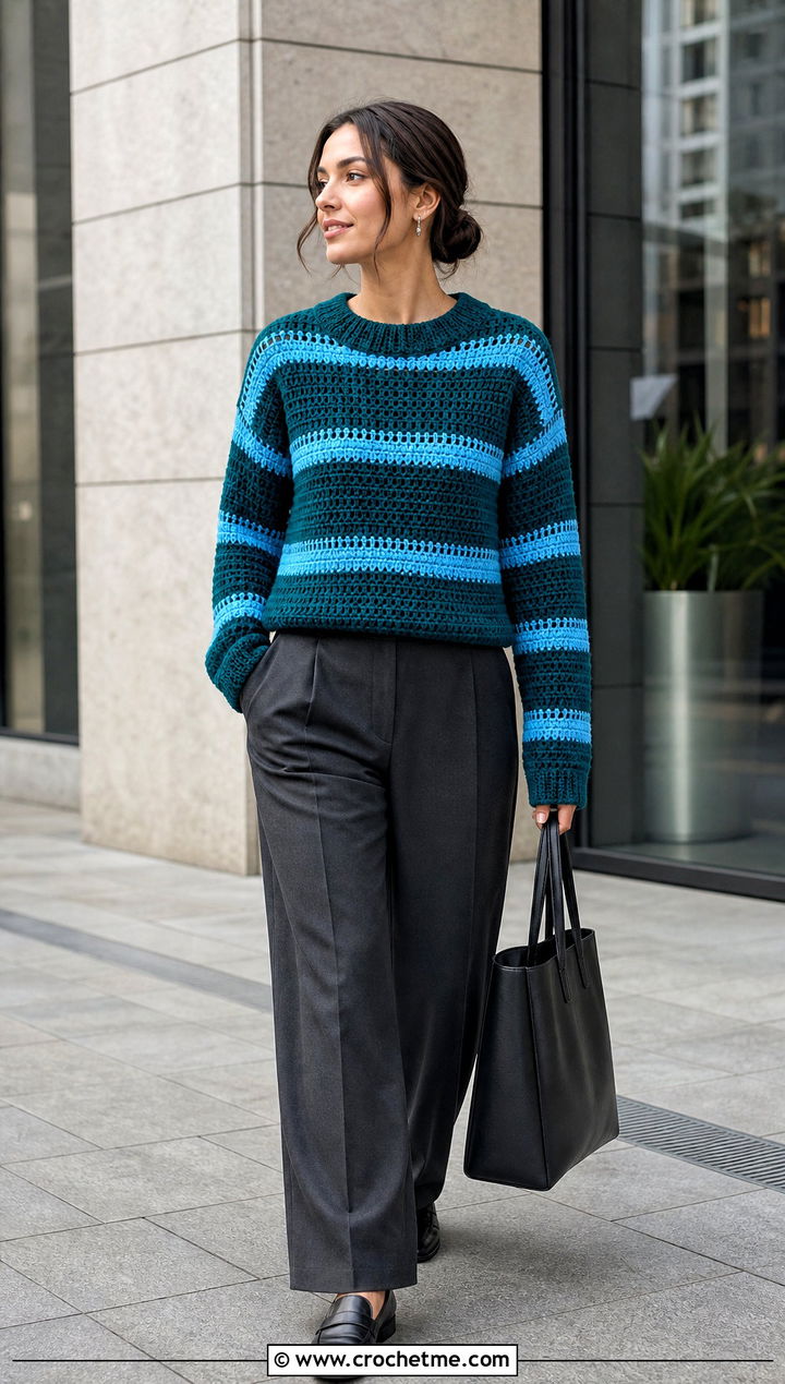 Striped Crochet Sweater With Wide Leg Trousers - 30 cool crochet sweater outfit ideas