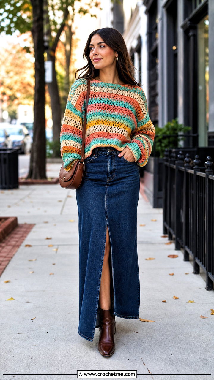 Striped Crochet Sweater With a Denim Maxi Skirt - 35 fall crochet clothes and outfit ideas