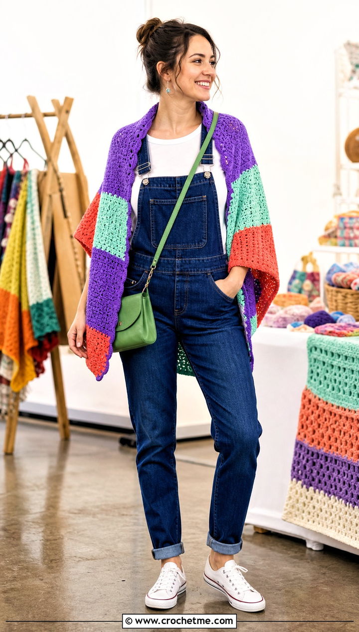 Striped Crochet Sweater Wrap With Denim Overalls - 30 crochet sweater wrap outfit ideas