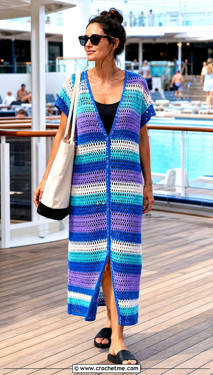 Striped Crochet Swim Cover Up Dress With Black Swimsuit - 35 crochet swim cover up outfit ideas