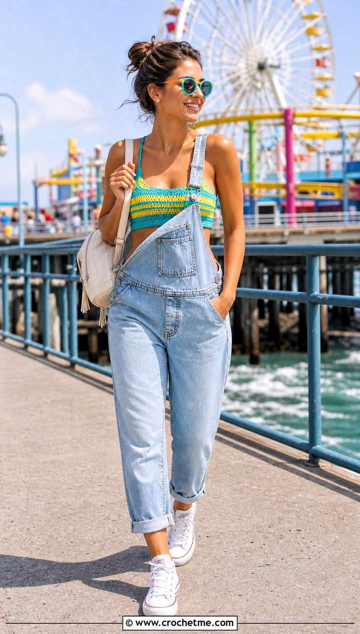 Striped Crochet Swim Top With Denim Overalls - 35 crochet swim top outfit ideas