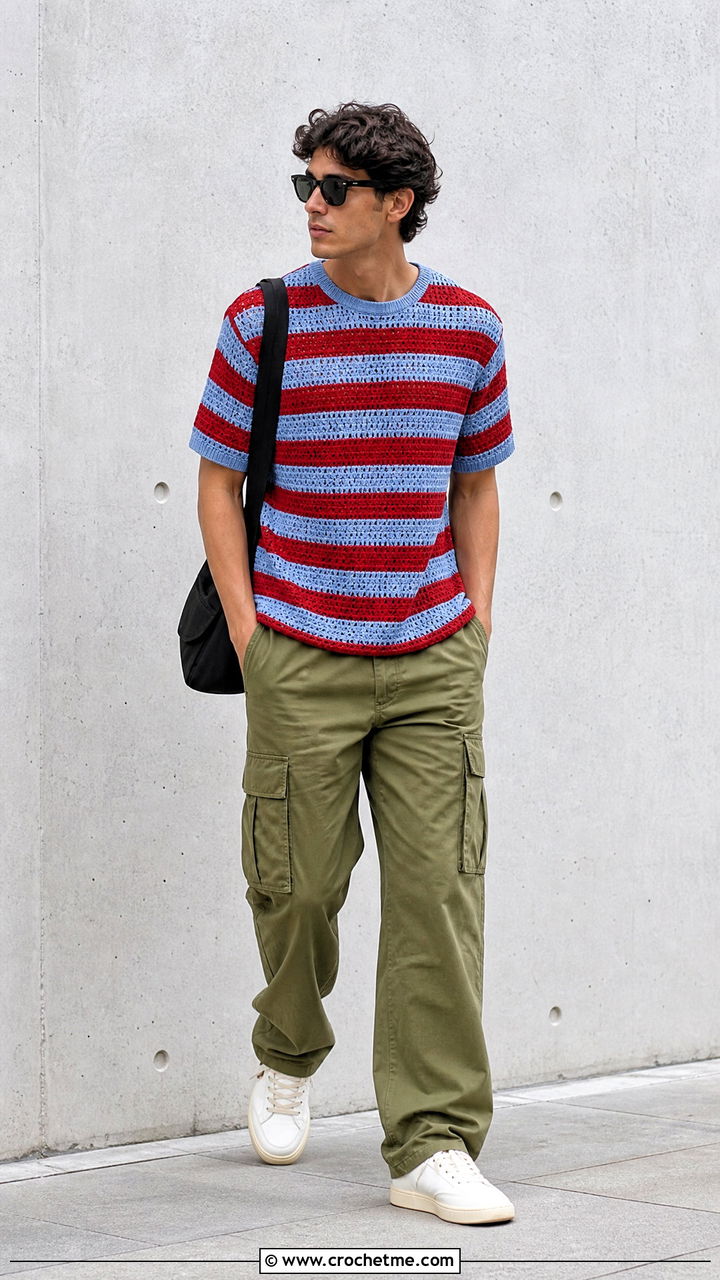Striped Crochet T Shirt With Cargo Pants - 35 crochet male shirt outfit ideas