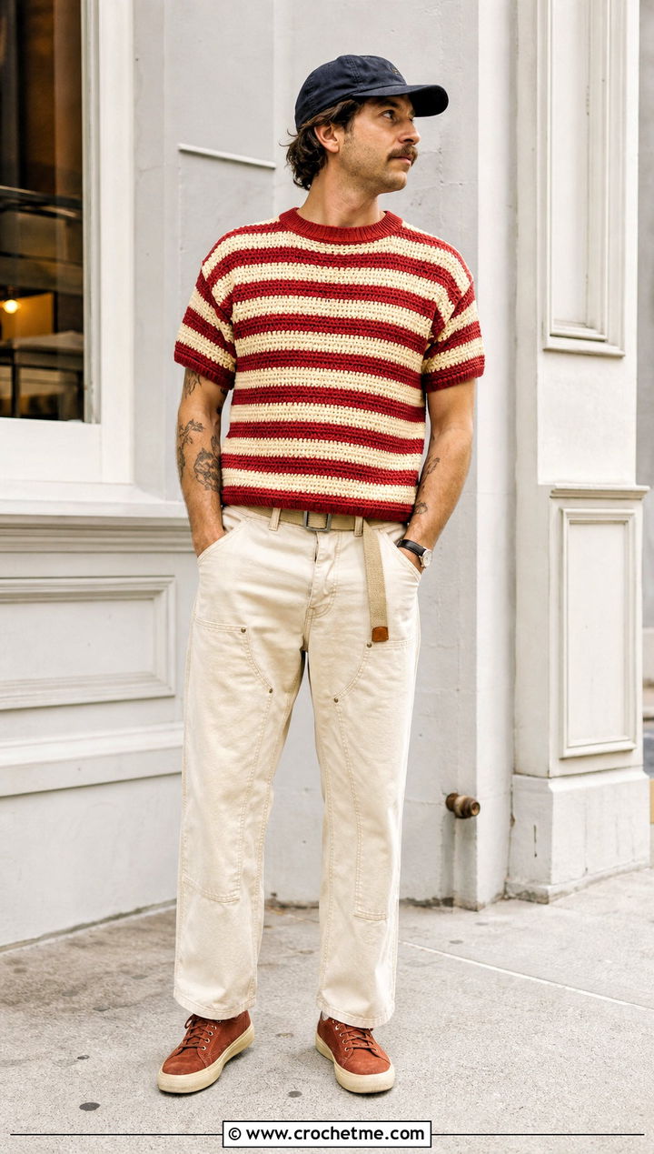 Striped Crochet T Shirt With Carpenter Pants - 35 Mens Crochet Top outfit ideas