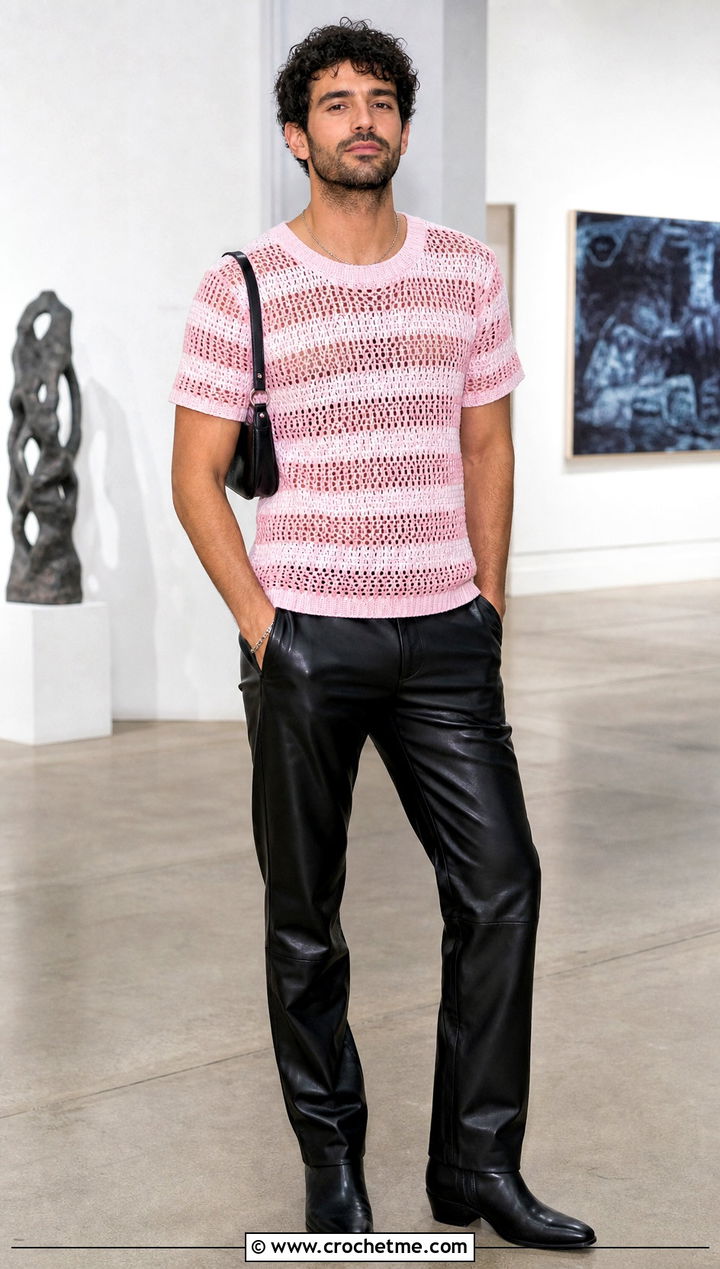 Striped Crochet T Shirt With Leather Pants - 15 men's crochet top outfit ideas