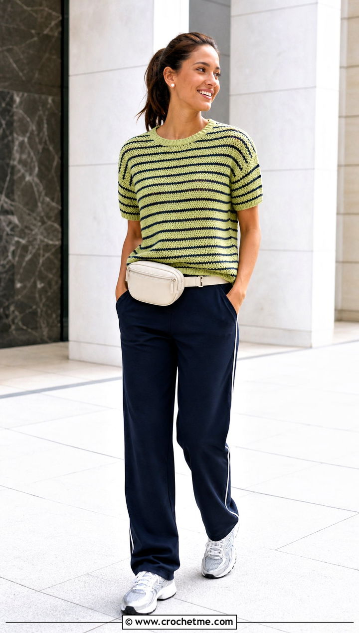 Striped Crochet T Shirt With Track Pants - 15 cool crochet top outfit ideas