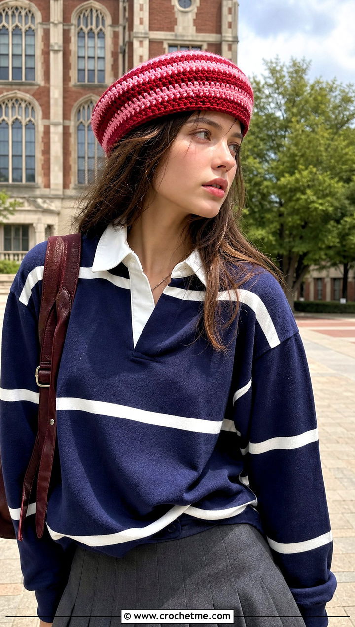 Striped Crochet Tam With Rugby Shirt And Pleated Skirt - 20 flat crochet hat outfit ideas