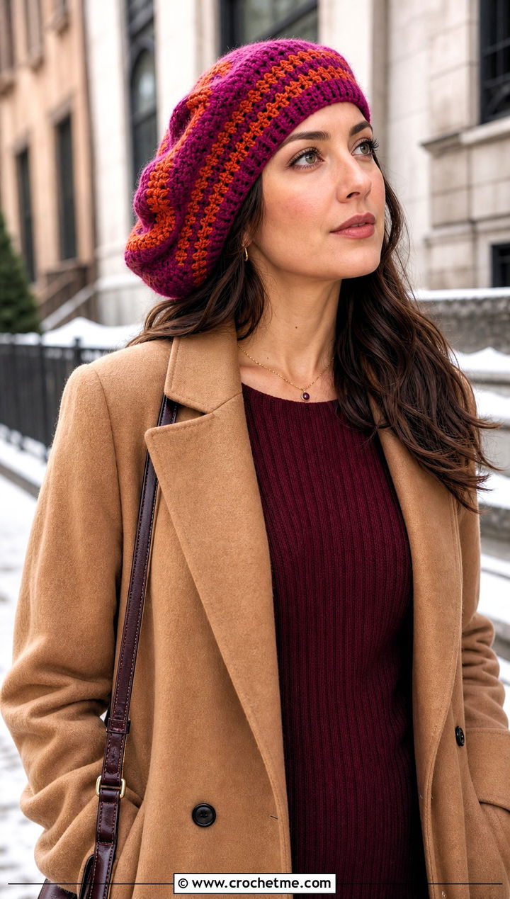 Striped Crochet Tam With Sweater Dress - 25 striped crochet hat outfit ideas