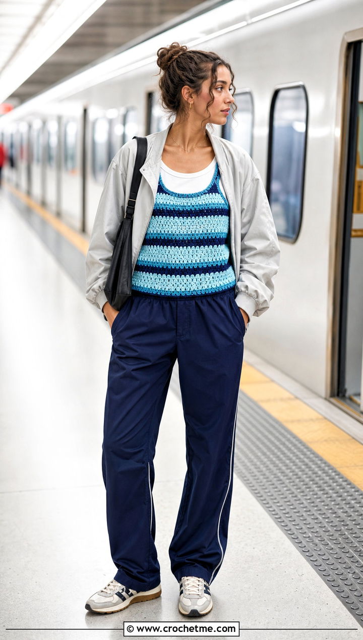 Striped Crochet Tank Top Under A Bomber Jacket - 30 Crochet Top Layering Outfit ideas
