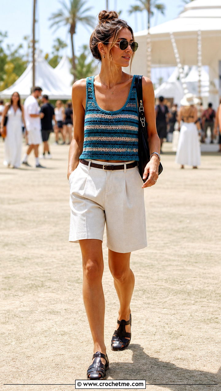 Striped Crochet Tank Top With Bermuda Shorts - 35 Crochet Top Festival Outfit ideas