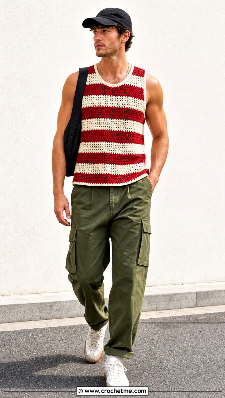 Striped Crochet Tank Top With Cargo Pants - 30 Mens Crochet Tank Top outfit ideas
