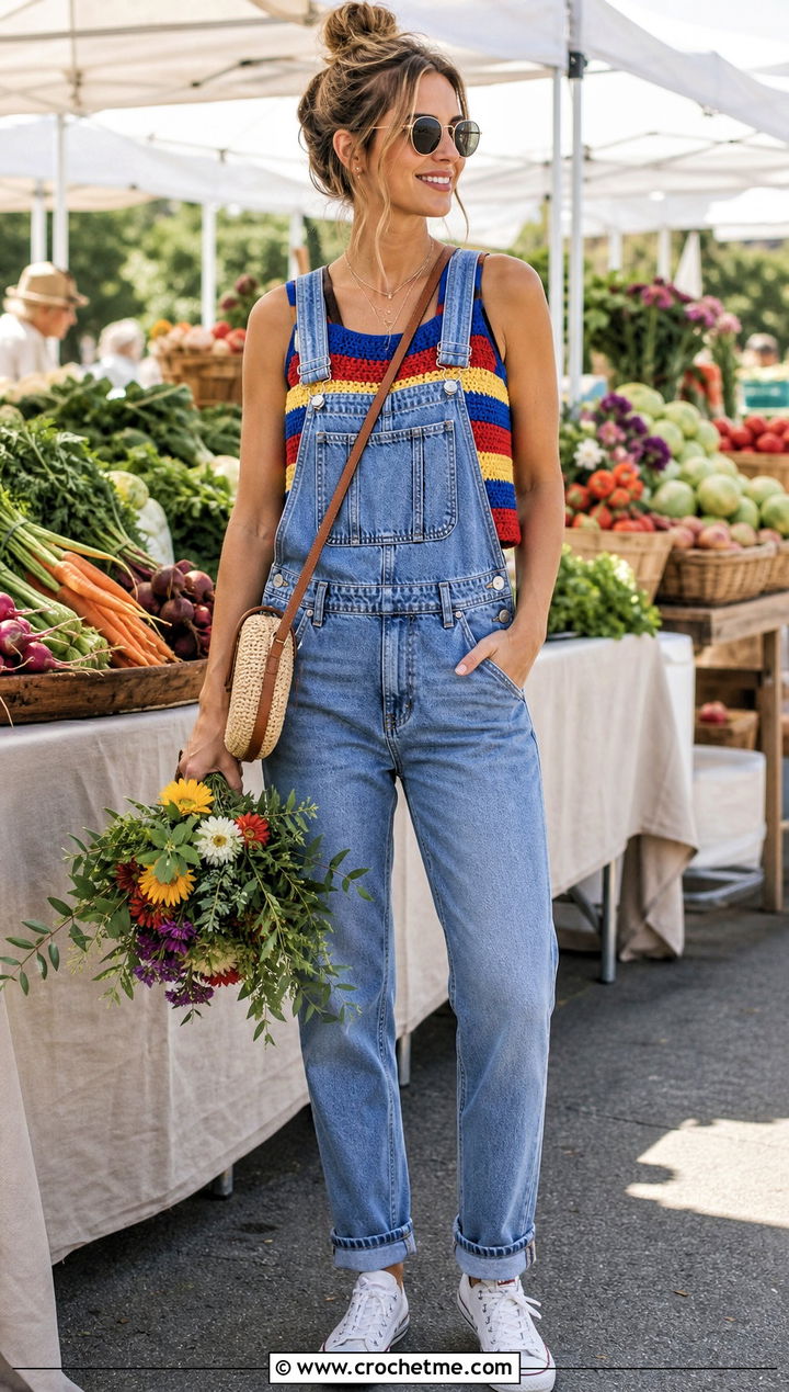Striped Crochet Tank Top With Denim Overalls - 35 crochet top for summer outfit ideas