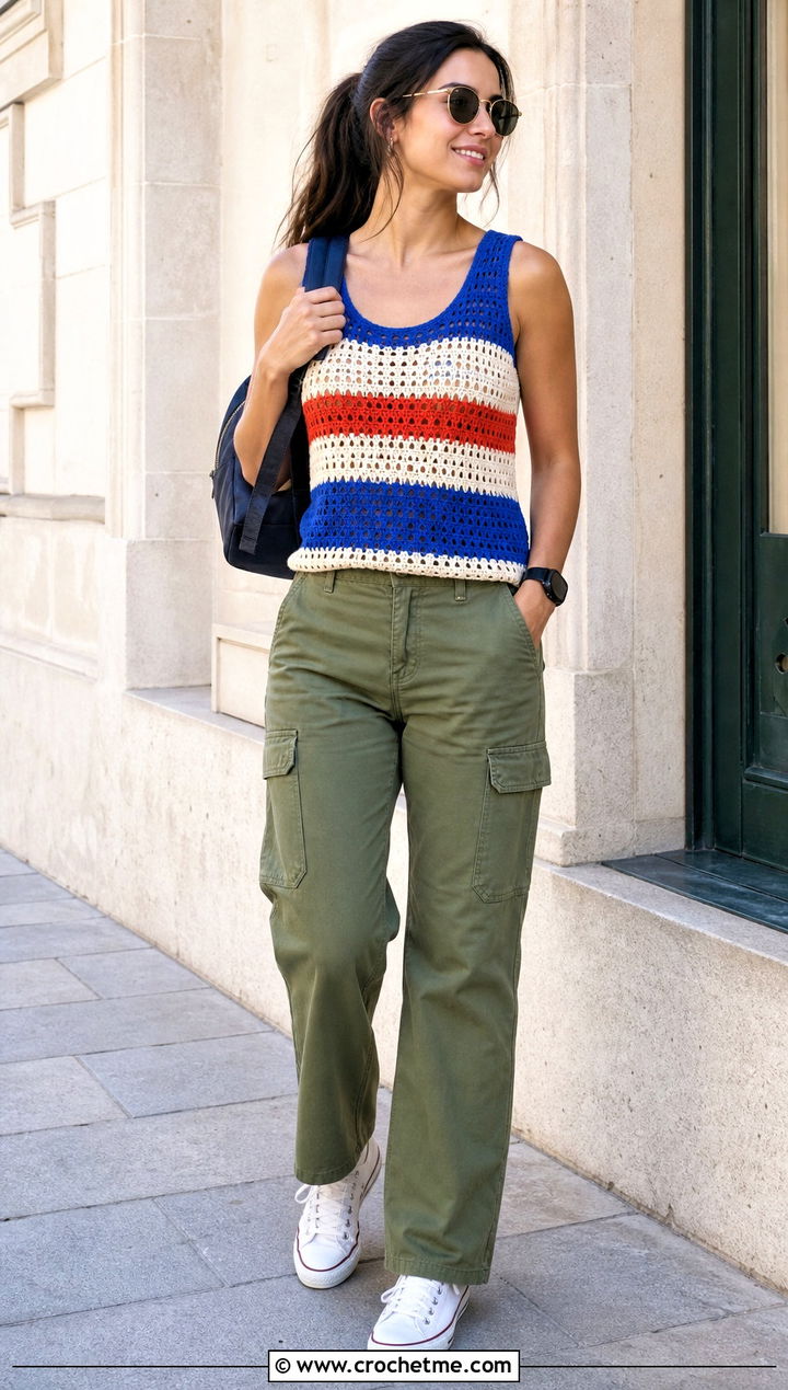 Striped Crochet Tank Top With Utility Pants - 25 Crochet Top Small Chest outfit ideas