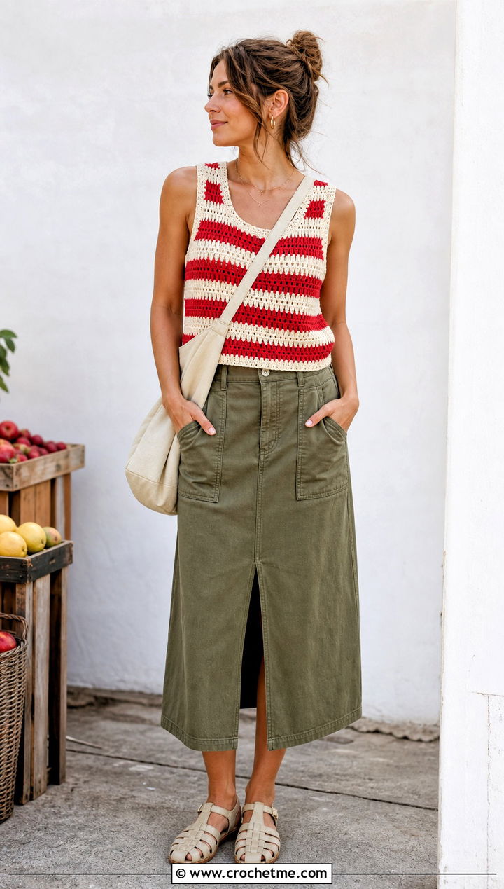 Striped Crochet Tank Top With Utility Skirt - 35 Outfit With Crochet Top outfit ideas