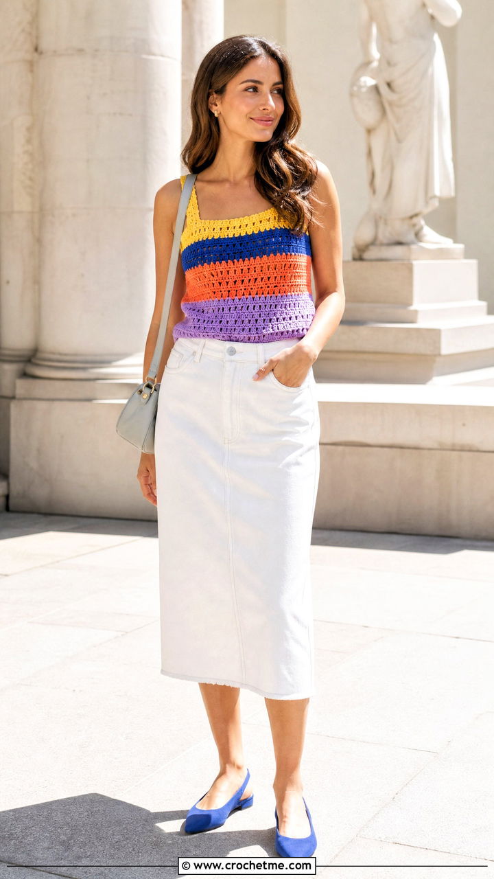 Striped Crochet Tank Top With White Denim Skirt - 35 crochet tank tops outfit ideas