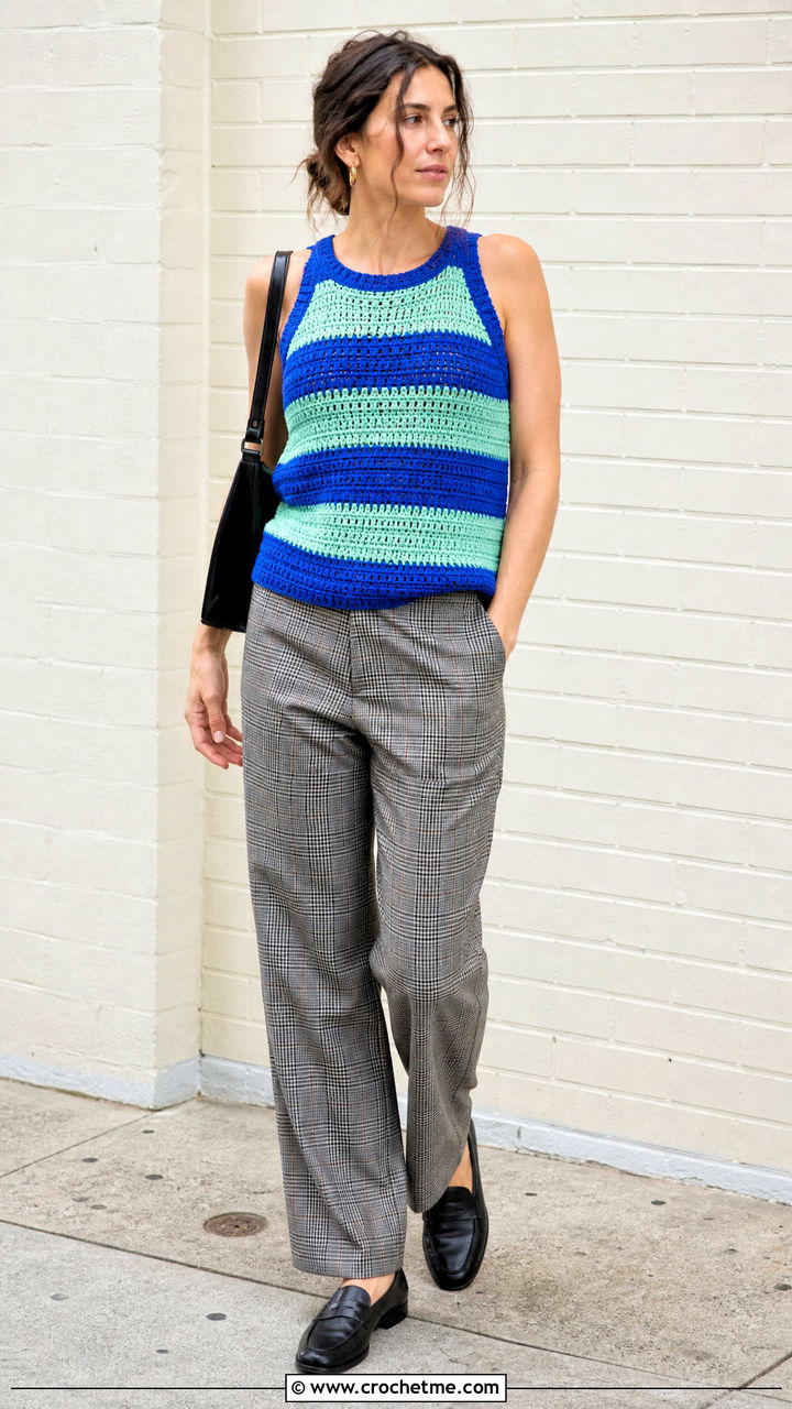 Striped Crochet Tank With Plaid Trousers - 35 hippie crochet top outfit ideas