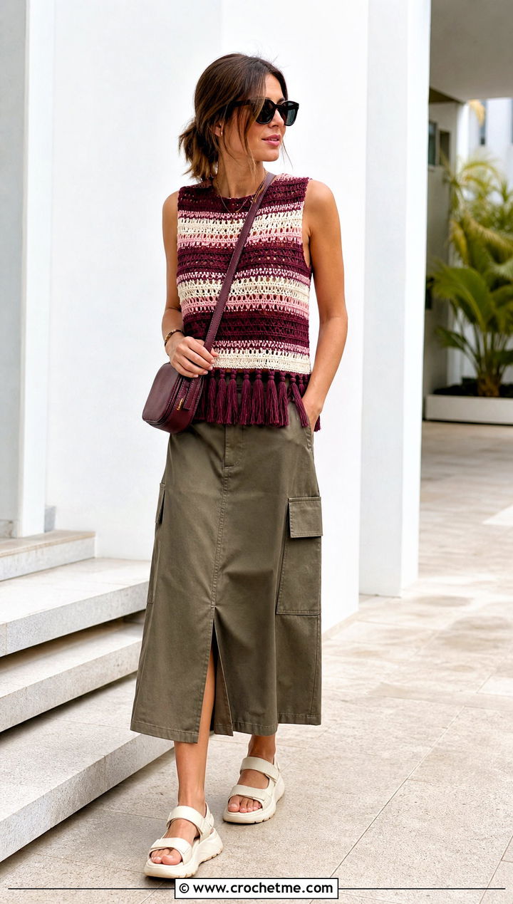 Striped Crochet Tassel Top With Utility Skirt - 25 crochet top with tassels outfit ideas