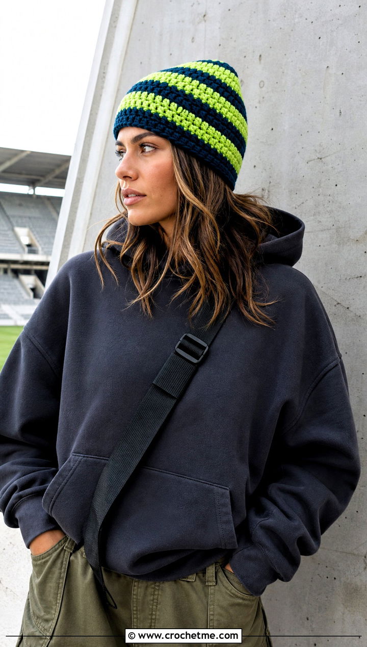 Striped Crochet Team Beanie With Hoodie And Cargo Pants - 20 Crochet Team Hat outfit ideas