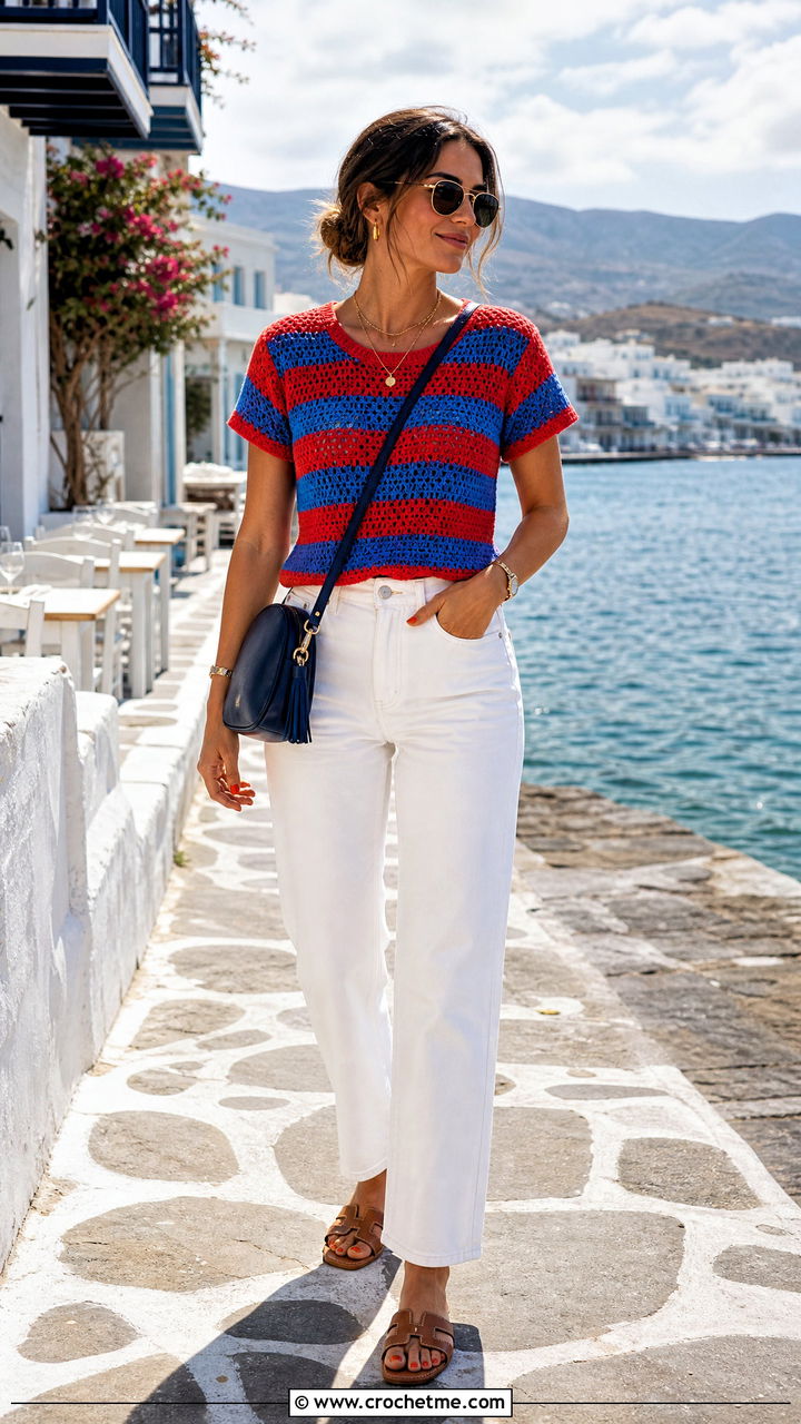 Striped Crochet Tee With White Jeans - 35 crochet tops for summer outfit ideas