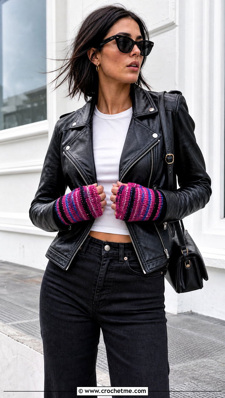 Striped Crochet Texting Gloves With Leather Jacket - 15 Crochet Texting Gloves outfit ideas