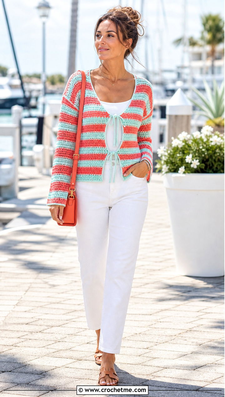 Striped Crochet Tie Cardigan With White Jeans - 35 crochet tie cardigan outfit ideas