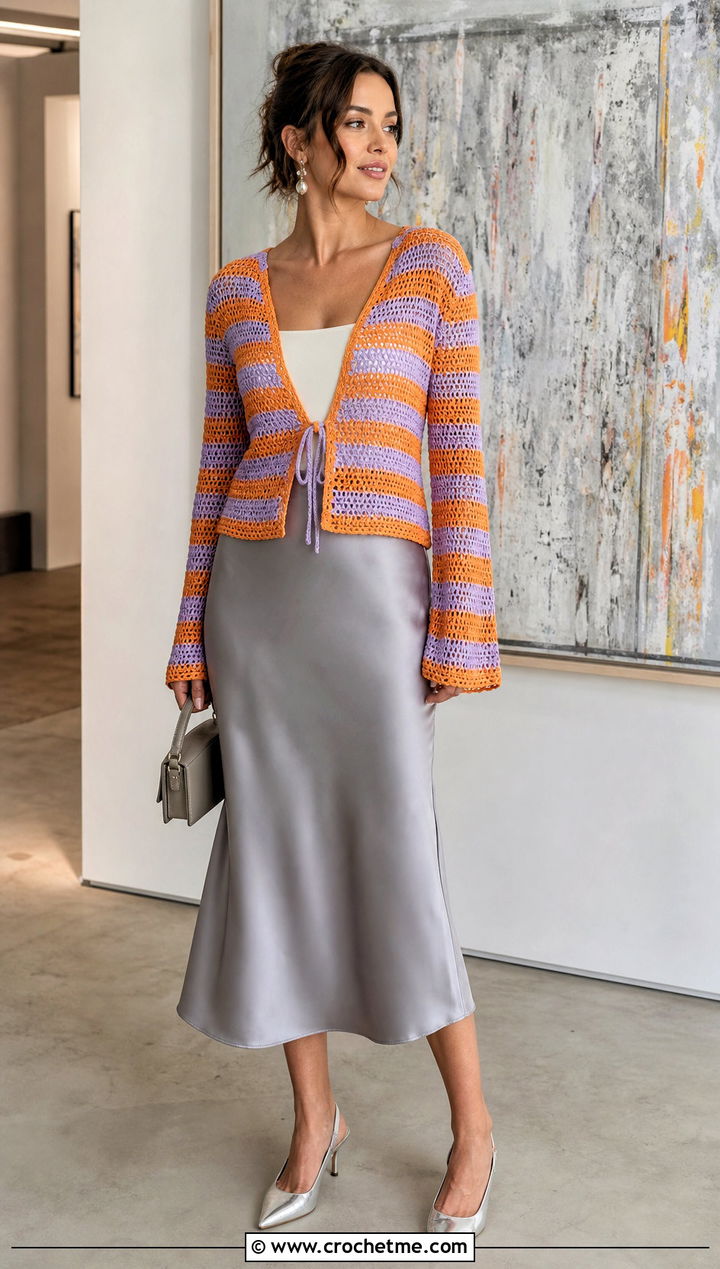 Striped Crochet Tie Front Top With Satin Midi Skirt - 15 crochet striped top on hanger outfit ideas