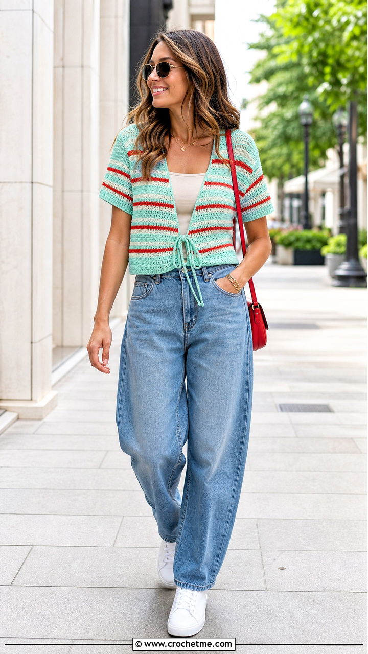 Striped Crochet Tie Top With Barrel Jeans - 35 crochet tie top outfit ideas